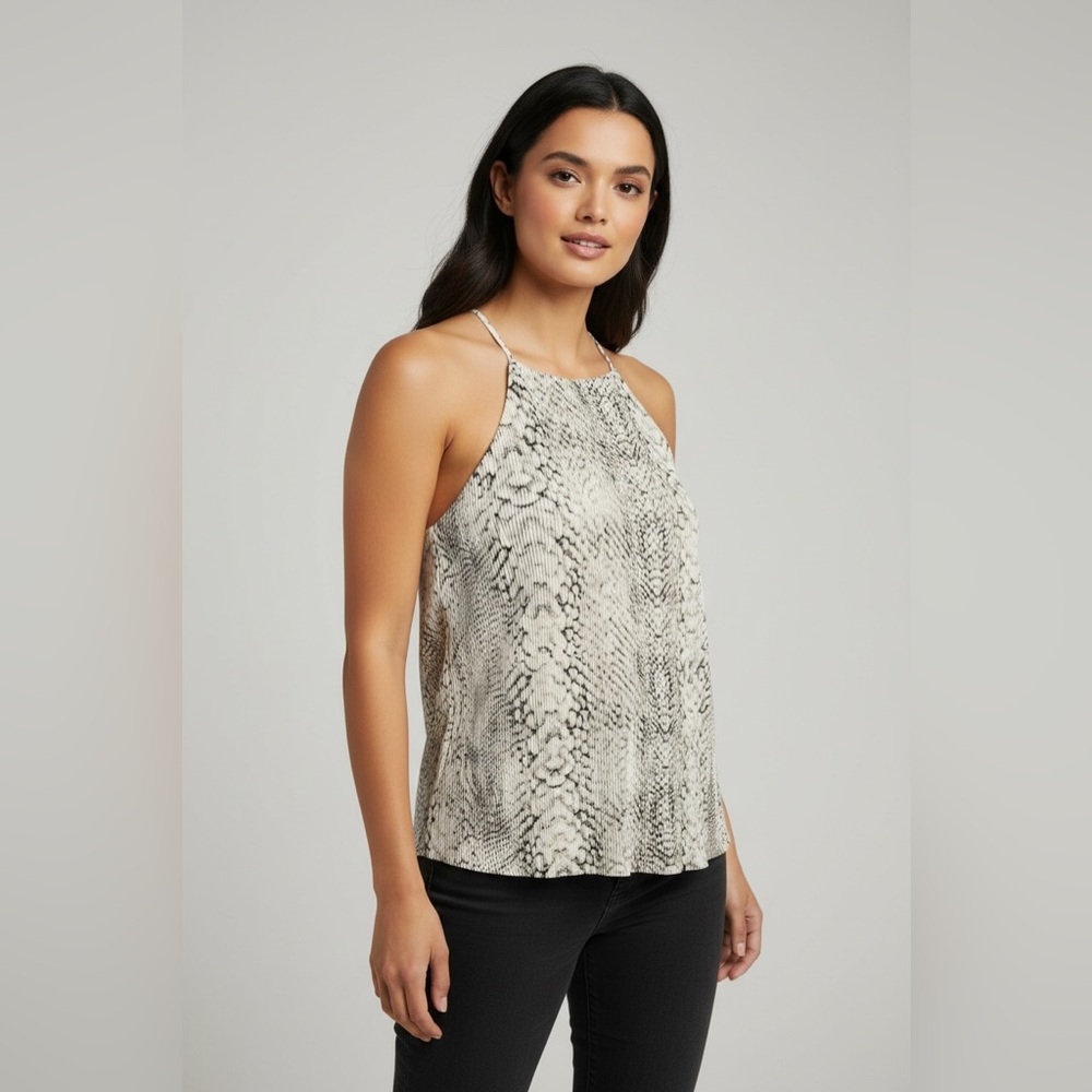PYTHON CHIC PLISSE BLACK & CREAM SNAKE PRINT HALTER TOP